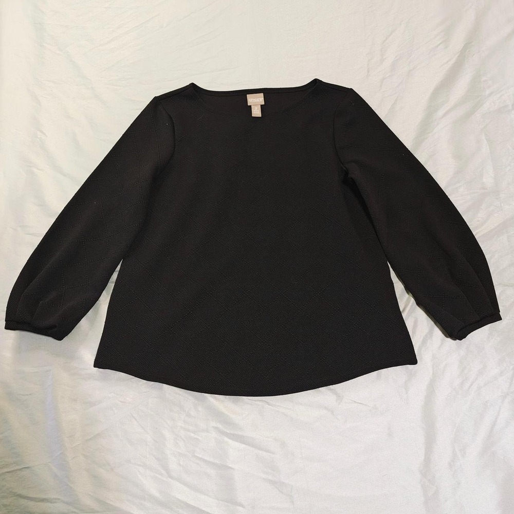 Chicos Black Textured Diamond Pattern Long Sleeve Top Workwear Size 2 Large